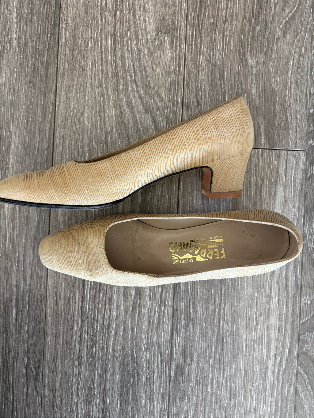 Salvatore Ferragamo Beige Textured Low Block Heel Pumps
